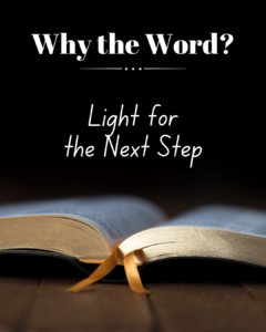 Open Bible with ribbon bookmark, titled “Why the Word? Light for the Next Step,” representing a Christian teaching series on staying in Scripture.