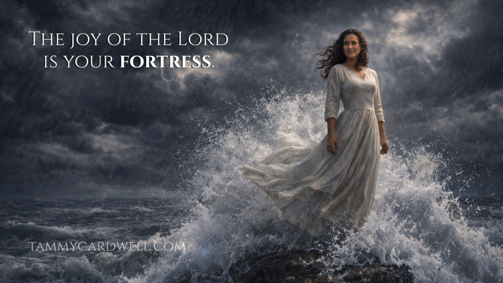 Woman standing on a rock in a storm representing God’s protection and the joy found in His presence