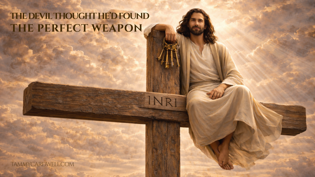 Jesus seated on a cross holding keys, symbolizing victory over death and Satan, with golden light breaking through clouds