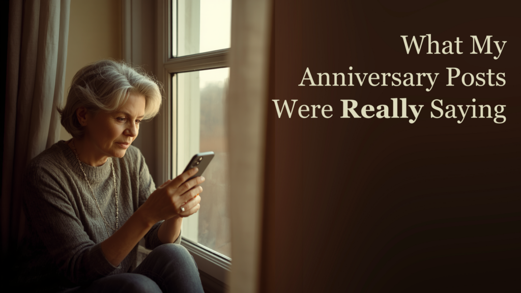 Reflective middle-aged woman sitting by a window looking at her phone, with the title “What My Anniversary Posts Were Really Saying”