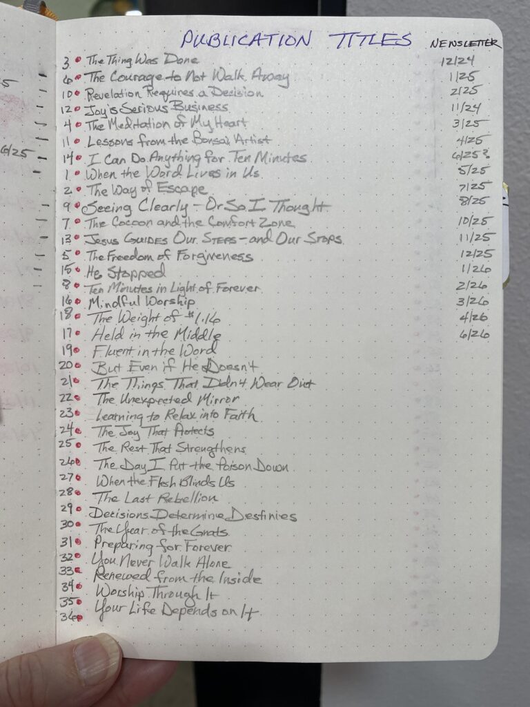 Open planner page showing a handwritten list of devotional titles and publication dates.