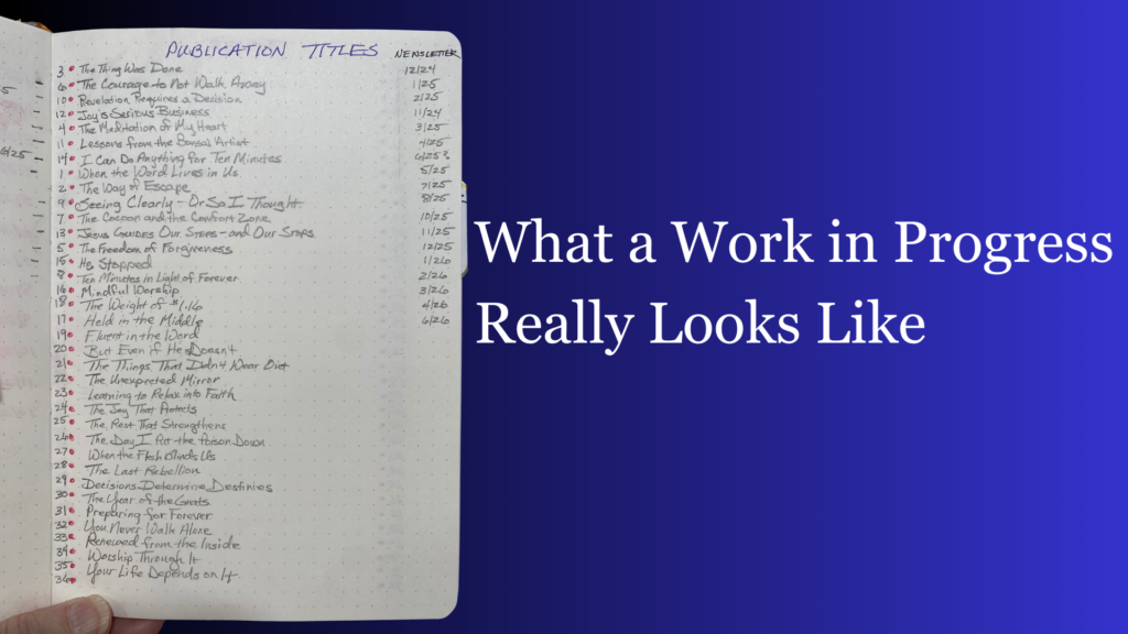 Open planner page showing a handwritten list of devotional titles and publication dates beside the title "What a Work in Progress Really Looks Like," illustrating the behind-the-scenes process of writing a devotional book.