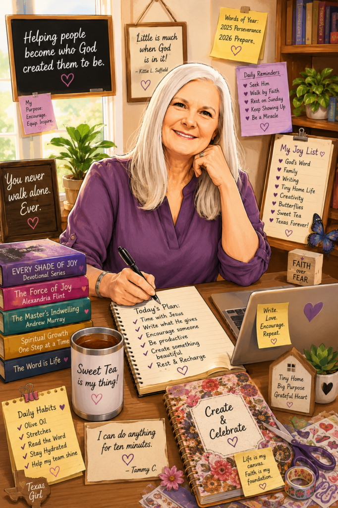 Caricature-style illustration of Tammy Cardwell surrounded by books, writing projects, faith reminders, sweet tea, butterflies, and creative tools, generated by ChatGPT.