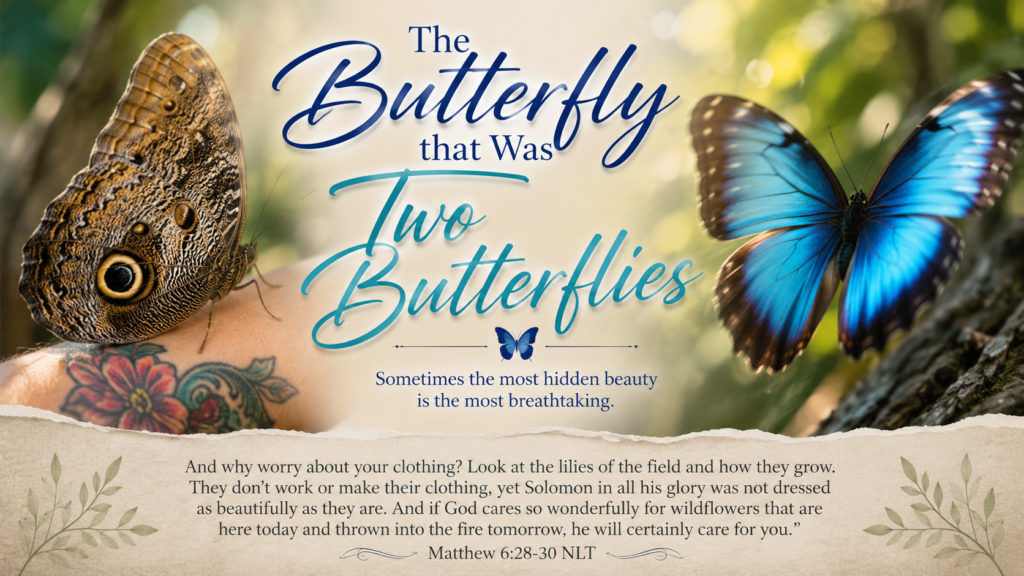 Blog cover featuring a Blue Morpho butterfly with closed camouflage wings and open iridescent blue wings beneath the title "The Butterfly That Was Two Butterflies."