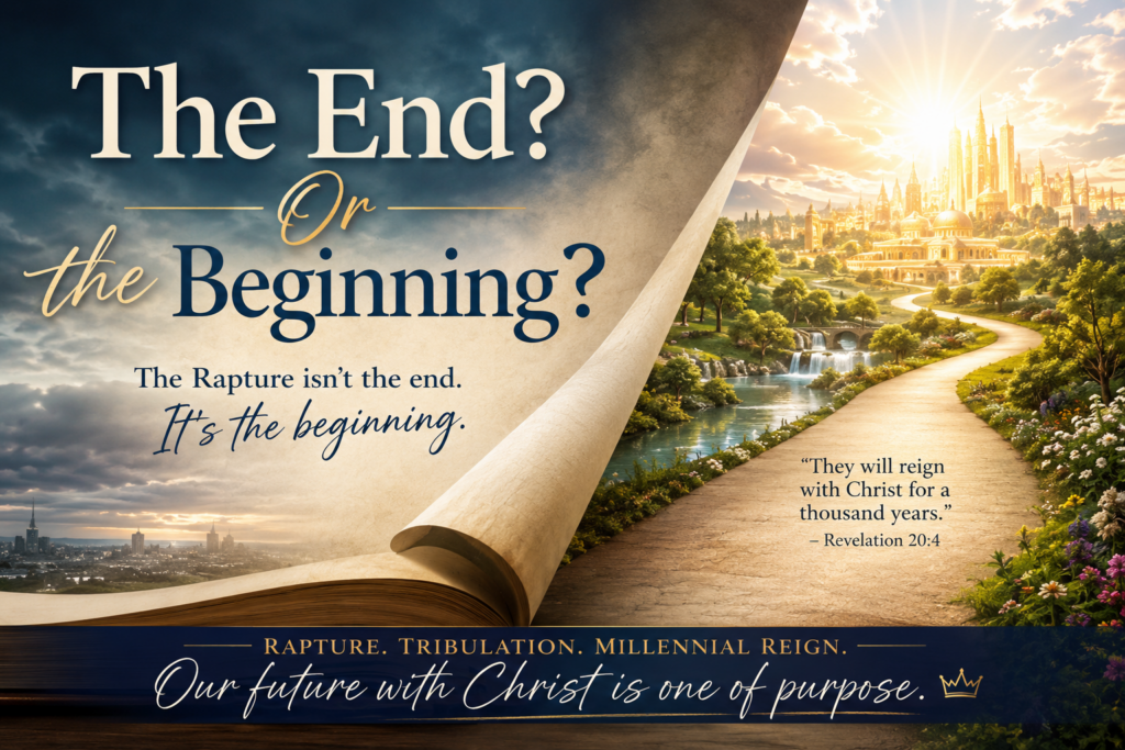 A page turns from stormy skies into a radiant kingdom, symbolizing that the Rapture is not the end but the beginning of believers' eternal reign with Christ.