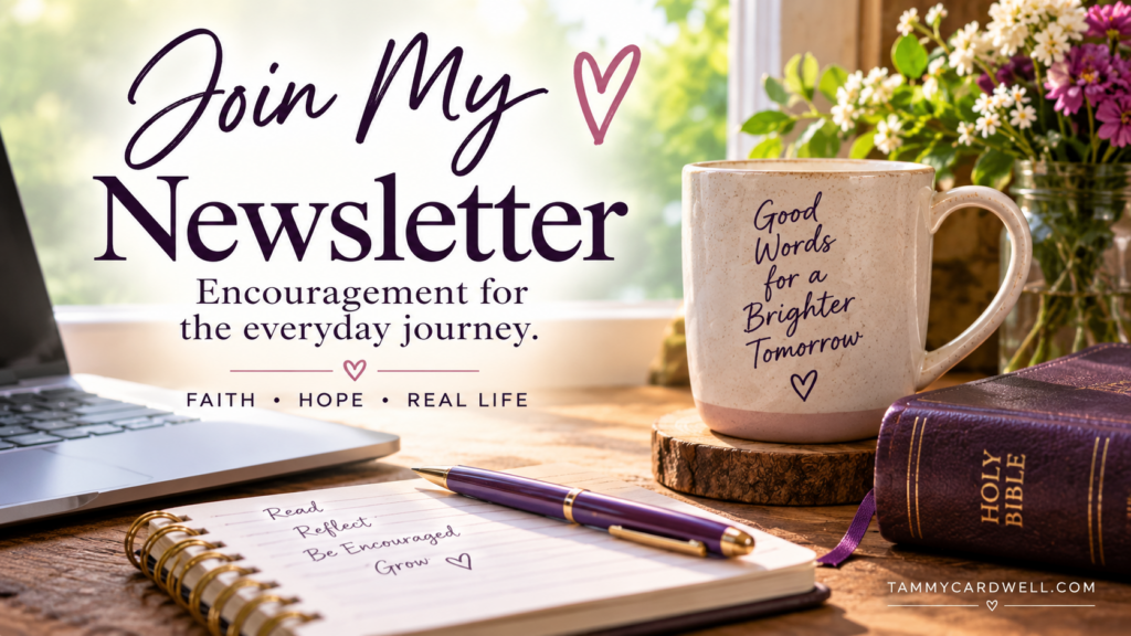 Join my newsletter graphic featuring a sunny writing desk, Bible, notebook, laptop, flowers, and the words “Faith • Hope • Real Life.”